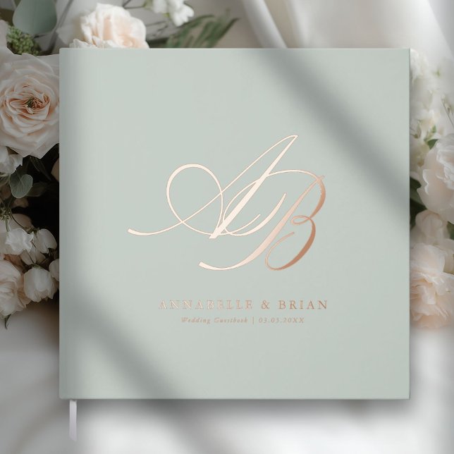 Elegant, Monogram, Wedding  Foil Guest Book (Sage Green, Monogram, Scripted Font, Foil Wedding Guest Book. )
