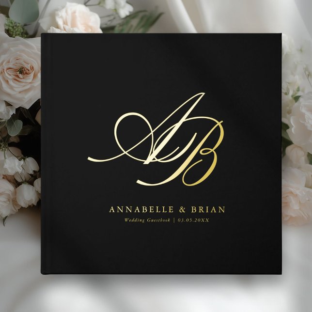 Elegant, Monogram, Wedding  Foil Guest Book (Black, Monogram, Scripted Font, Foil Wedding Guest Book. )