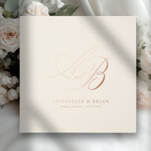 Elegant, Monogram, Wedding  Foil Guest Book (Beige, Monogram, Scripted Font, Foil Wedding Guest Book. )
