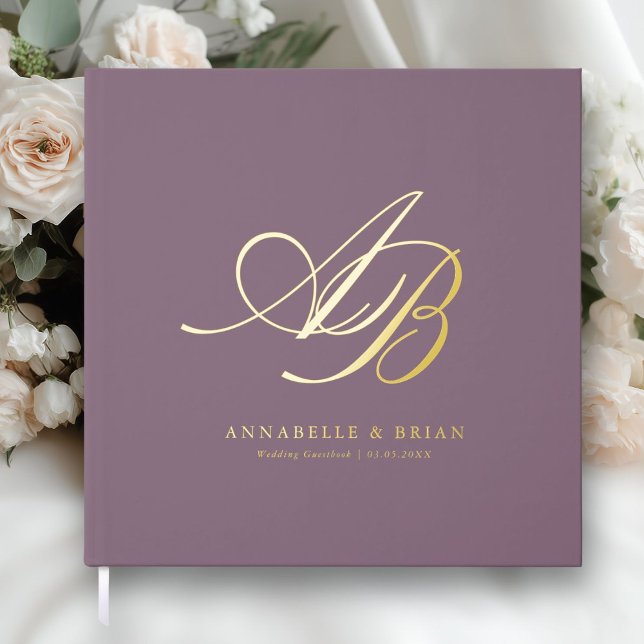 Elegant, Monogram, Wedding  Foil Guest Book (Purple, Custom, Monogram, Scripted Font, Foil Wedding Guest Book. )
