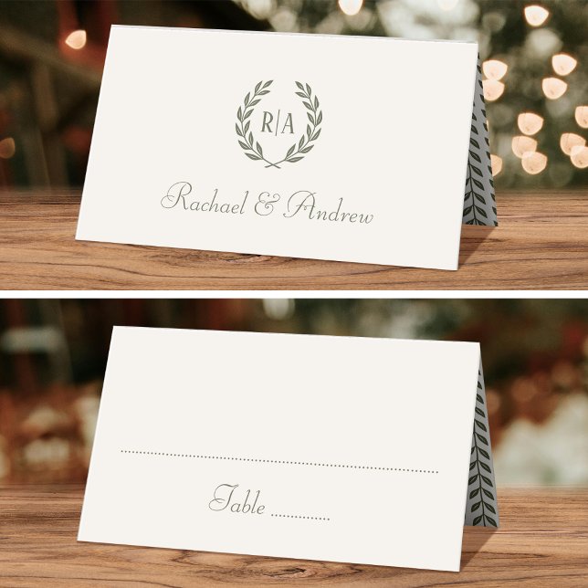 Elegant Monogram Wedding Green Cream Seating Place Card (Creator Uploaded)