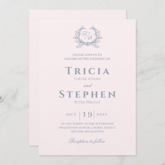 Elegant monogram wedding invitation blush pink (Front/Back)