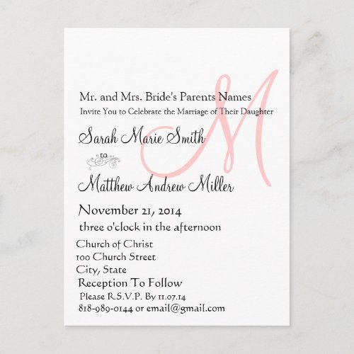 Elegant Monogram Wedding Invitation Postcard