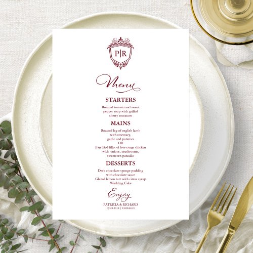 Elegant Monogram Wedding Menu Cards Burgundy