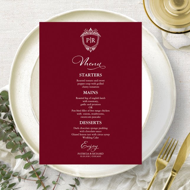 Elegant Monogram Wedding Menu Cards Burgundy (Creator Uploaded)
