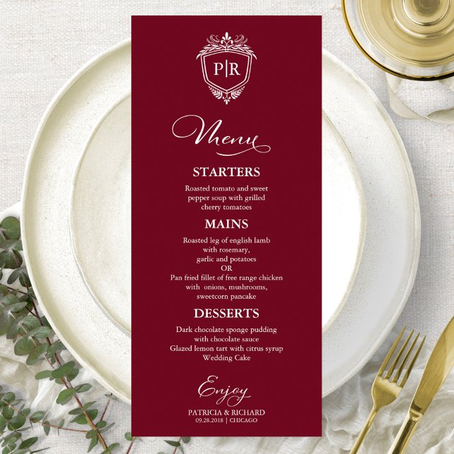Elegant Monogram Wedding Menu Cards Burgundy (Creator Uploaded)