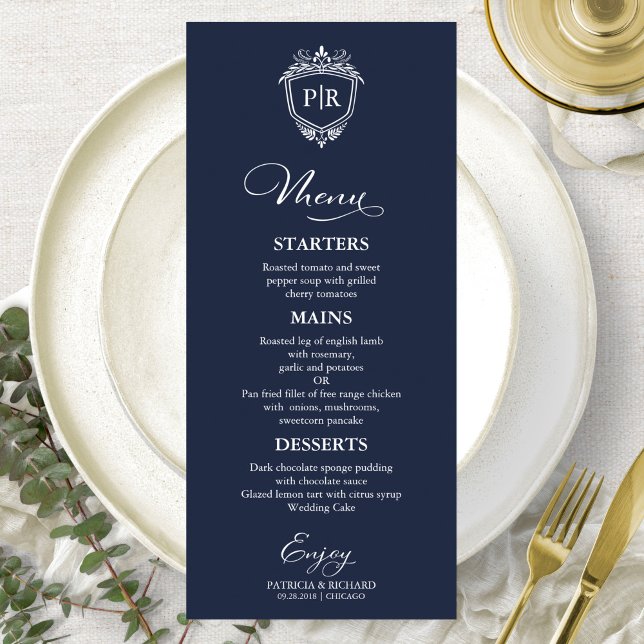 Elegant Monogram Wedding Menu Cards Navy Blue (Creator Uploaded)