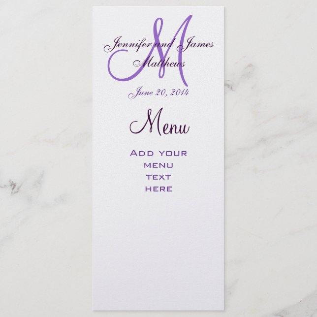 Elegant Monogram Wedding Menu Cards Silver Purple (Front)