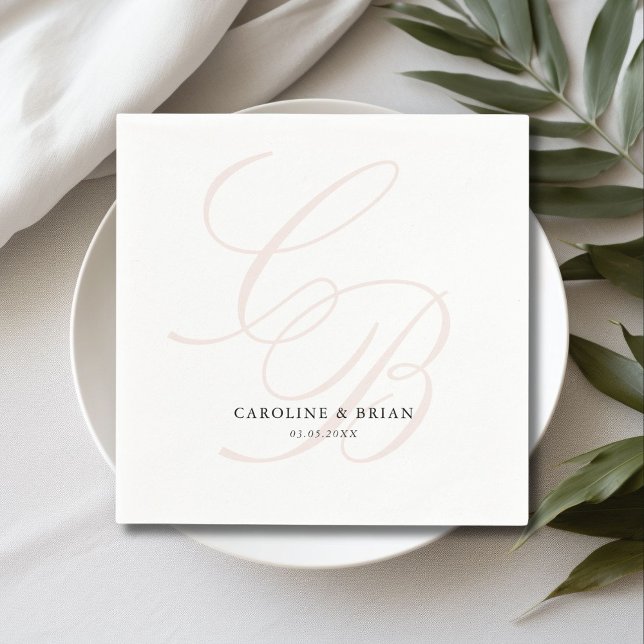 Elegant, Monogram, Wedding  Napkins (Elegant, Monogram, Wedding Napkins, script font, white & blush.)