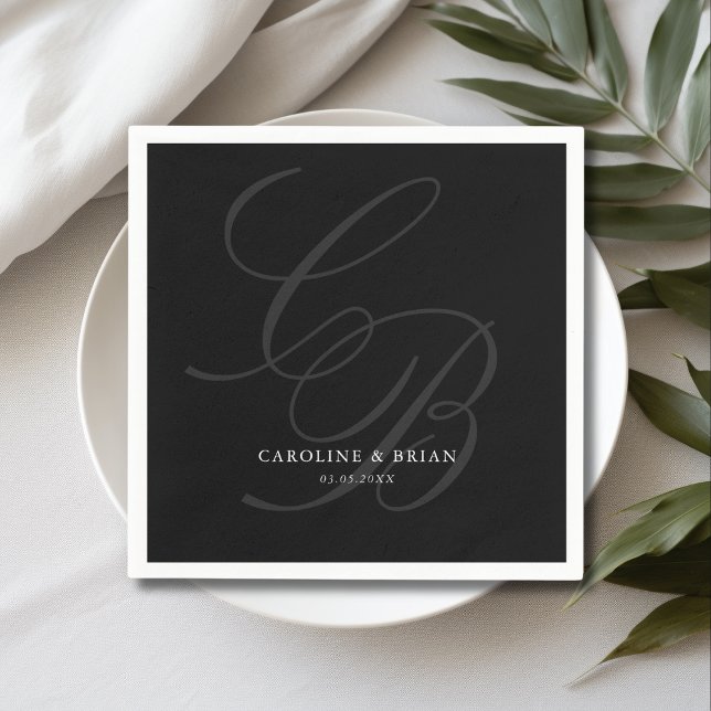 Elegant, Monogram, Wedding  Napkins (Elegant, Monogram, Wedding Napkins, script font, black & white.)