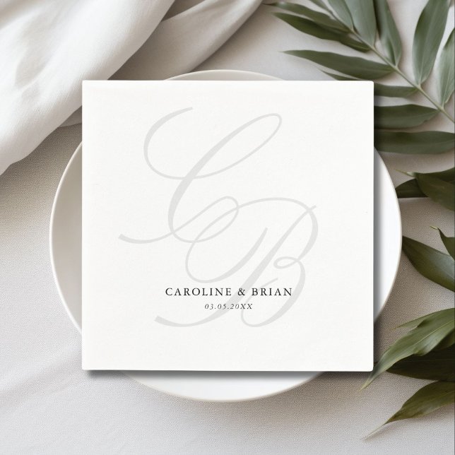 Elegant, Monogram, Wedding  Napkins (Elegant, Monogram, Wedding Napkins, script font, grey & white.)
