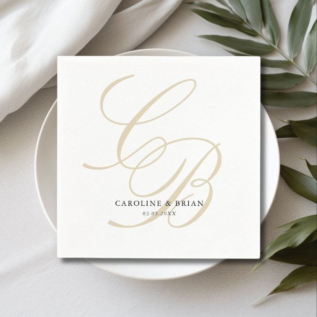 Elegant, Monogram, Wedding  Napkins (Elegant, Monogram, Wedding Napkins, script font, beige & white.)