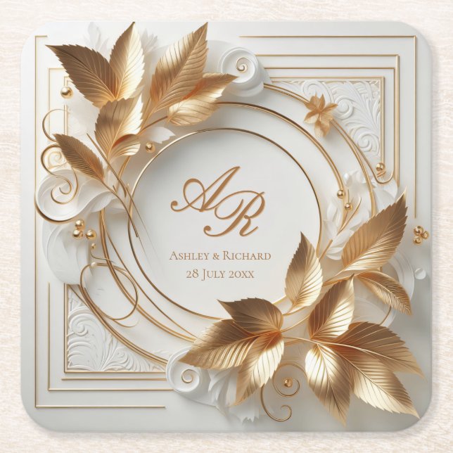 Elegant Monogram Wedding Paper Coaster (Front)