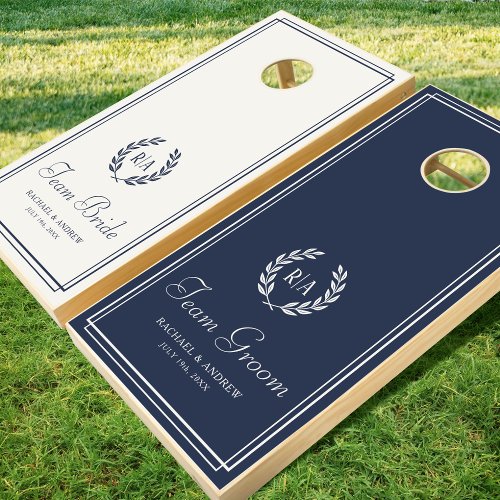 Elegant Monogram Wedding Reception Navy Blue Cornhole Set