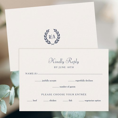 Elegant Monogram Wedding Reply Navy Blue RSVP Card