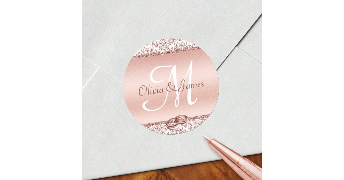 Elegant Monogram Wedding Rose Gold Classic Round Sticker | Zazzle