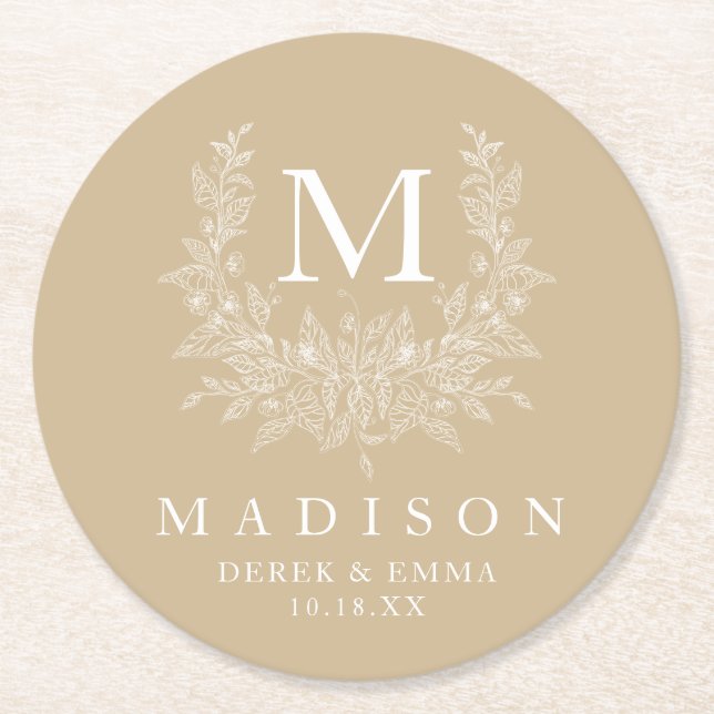 Elegant Monogram Wedding Round Paper Coaster (Front)