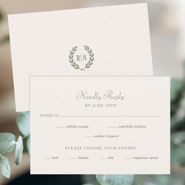 Elegant Monogram Wedding RSVP Card Green Cream (Creator Uploaded)