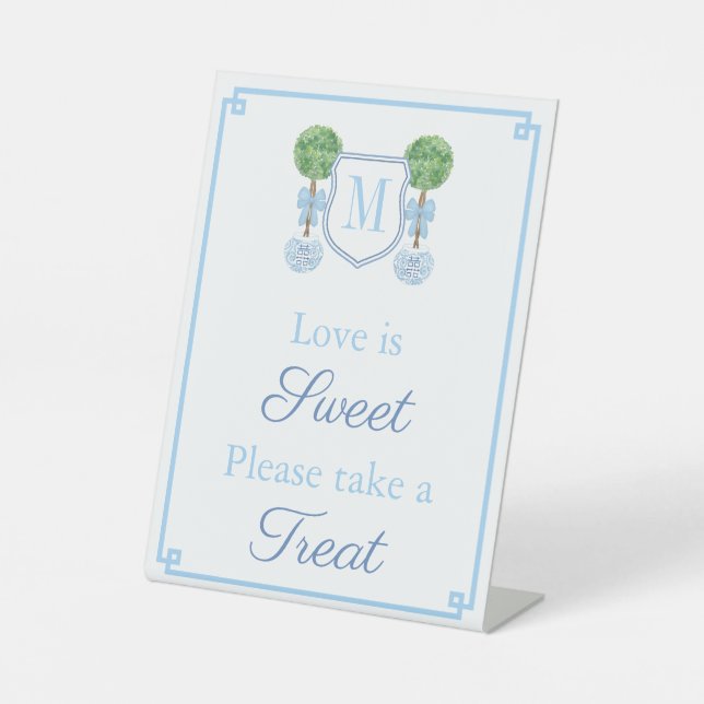 Elegant Monogram Wedding Shower Favor Table Pedestal Sign (Front)