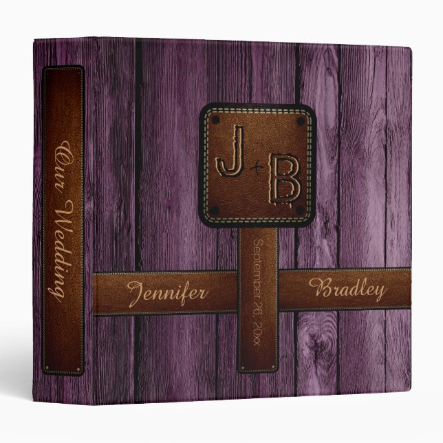 Elegant Monogram Wedding Wood Leather Look #3 3 Ring Binder (Front/Spine)