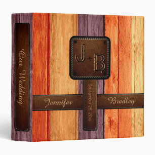 Elegant Monogram Wedding Wood Leather Look Binder