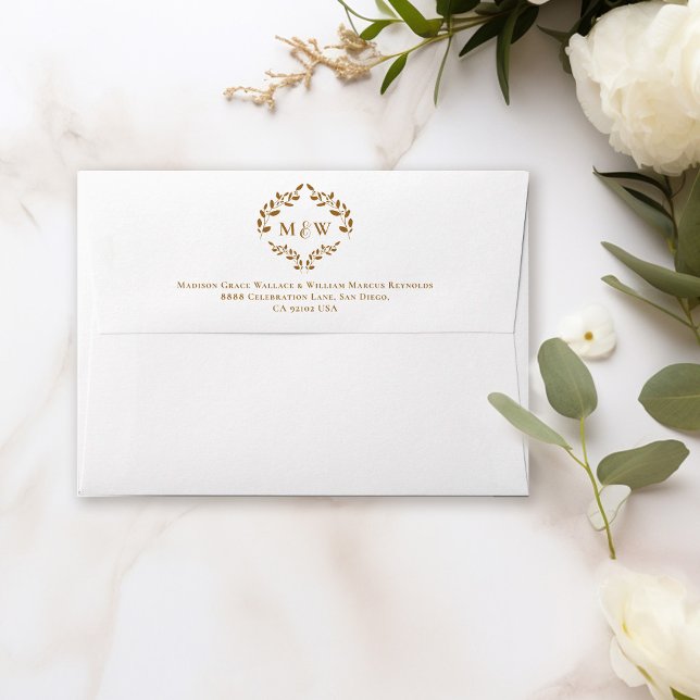 Elegant Monogram White and gold hue Wedding Envelope (Custom monogram wedding crest gold hue envelope.)