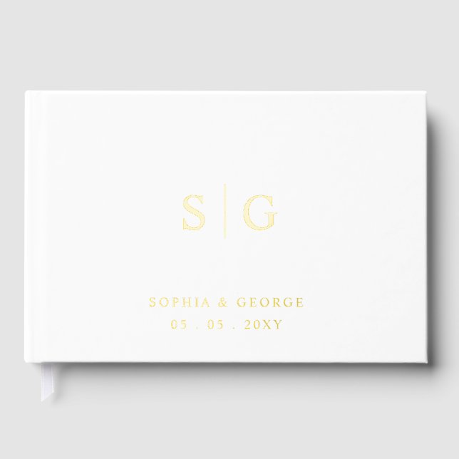 Elegant Monogram White and Gold Wedding Foil Guest Book (Front)