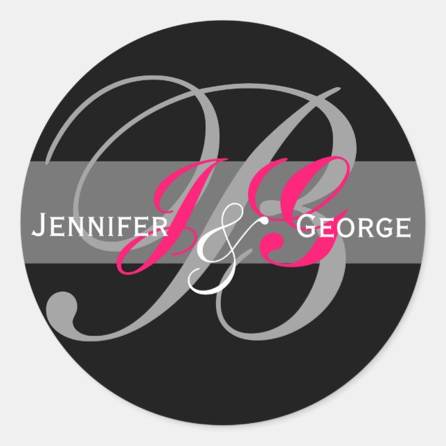 Elegant Monogram White Black Fuchsia Wedding Seal (Front)