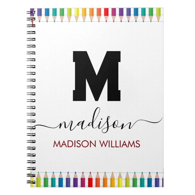 Elegant Monogram white black  Script Office School Notebook (Front)