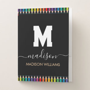 Elegant Monogram white black Script Office School Pocket Folder