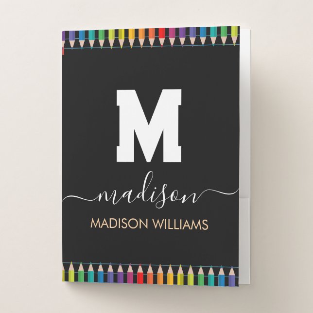 Elegant Monogram white black  Script Office School Pocket Folder (Front)