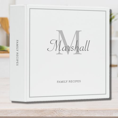 Elegant Monogram White Family Recipe Cookbook 3 Ring Binder