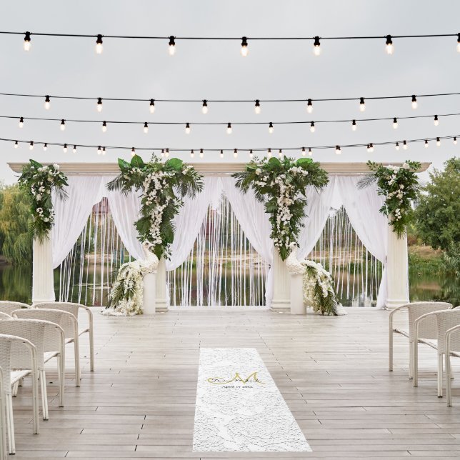 Elegant Monogram White Gold Black Wedding Outdoor Rug (Insitu (Wedding 1))