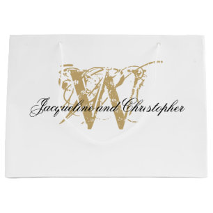 Elegant Monogram White & Gold Chic Classic Wedding Large Gift Bag