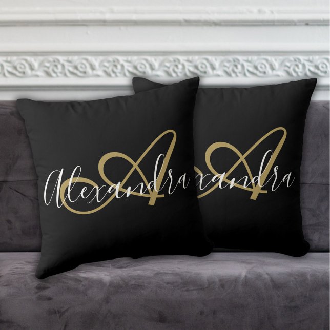 Elegant Monogram White Gold Script Name Black Throw Pillow (Elegant Monogram White Gold Script Name Black Throw Pillow)