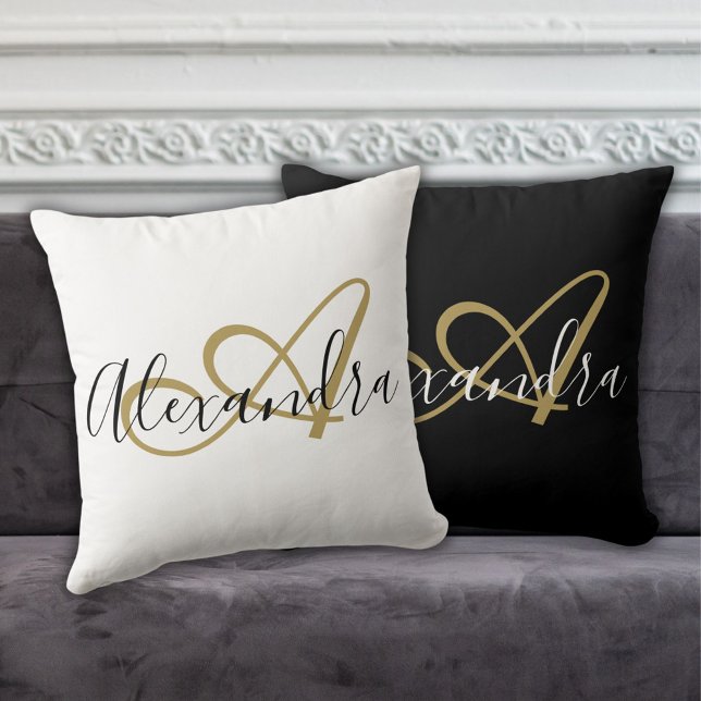 Elegant Monogram White Gold Script Name Initial Throw Pillow (Elegant Monogram White Gold Script Name Initial Throw Pillow)