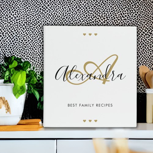 Elegant Monogram White Gold Script Name Recipe 3 Ring Binder