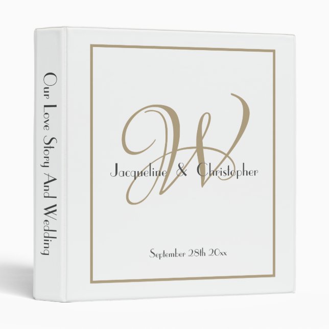 Elegant Monogram White & Gold Wedding Album  3 Ring Binder (Front/Spine)