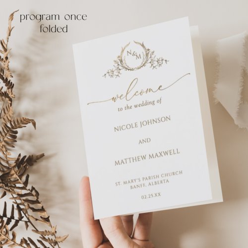 Elegant Monogram White Gold Wedding Folded Program