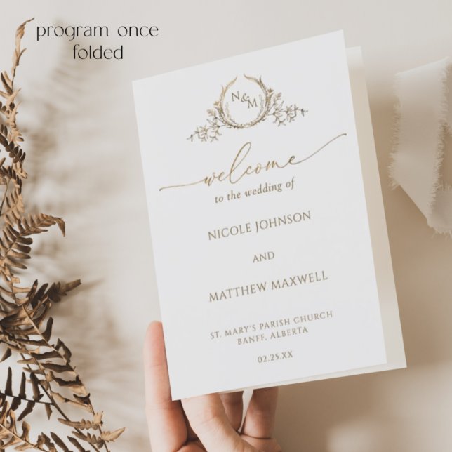 Elegant Monogram White Gold Wedding Folded Program (Creator Uploaded)
