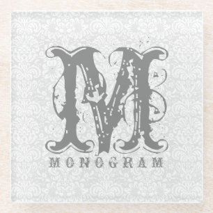Elegant Monogram White & Gray Damasks Glass Coaster
