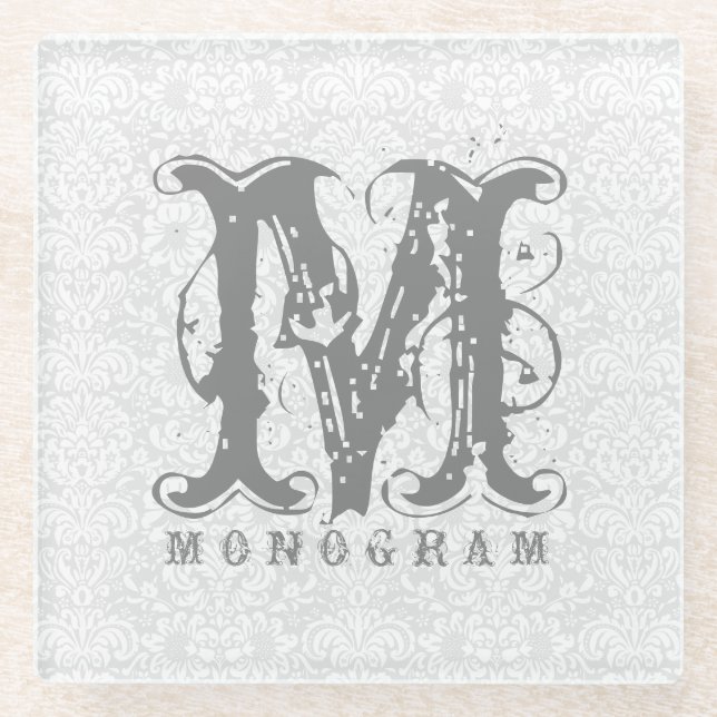 Elegant Monogram White & Gray Damasks Glass Coaster (Front)