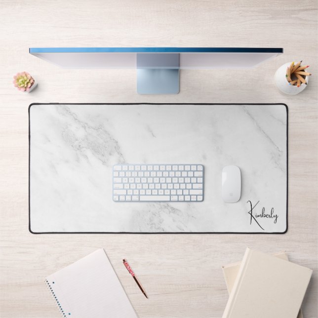 Elegant Monogram White Grey Marble Desk Mat (Office 1)