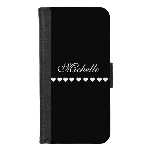 Elegant Monogram White Hearts Black iPhone Wallet Case (Front)