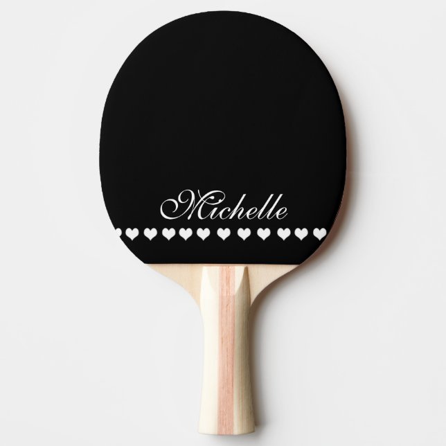 Elegant Monogram White Hearts Black Ping Pong Paddle (Front)