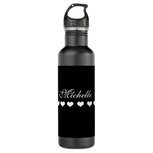 Elegant Monogram White Hearts Black Stainless Steel Water Bottle