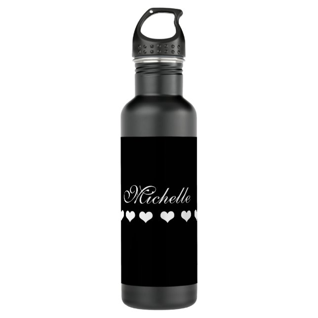 Elegant Monogram White Hearts Black Stainless Steel Water Bottle (Front)