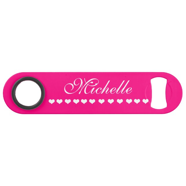 Elegant Monogram White Hearts Bright Pink Bar Key (Front (Horizontal))