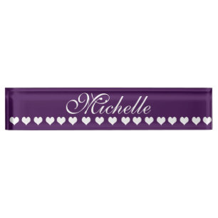 Elegant Monogram White Hearts Eggplant Purple Desk Name Plate