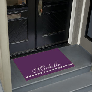 Elegant Monogram White Hearts Eggplant Purple Doormat